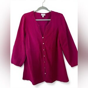 J. Jill Magenta Pink 100% Cotton Gauze Tunic Top Button Front Medium Tall
